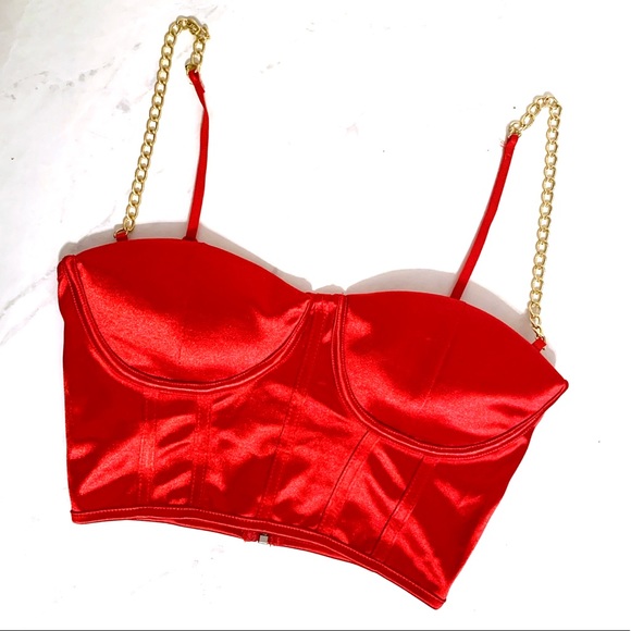 NEW Satin Red Bustier Chain Strap Crop Top - Picture 2 of 5